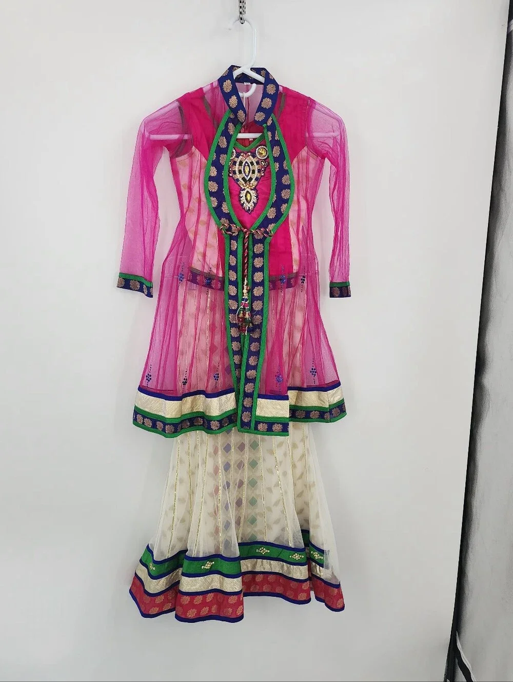 Pink and Ivory Ethnic Anarkali Set with Blue-Green Trim, Size 7 Years